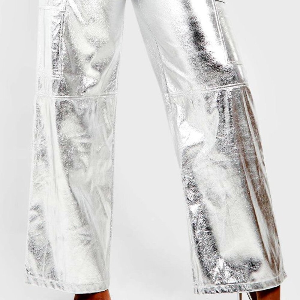 Festival Clubwear Vegan Silver Metallic Leather Wide Leg Cargo Style Pants - Picture 3 of 3